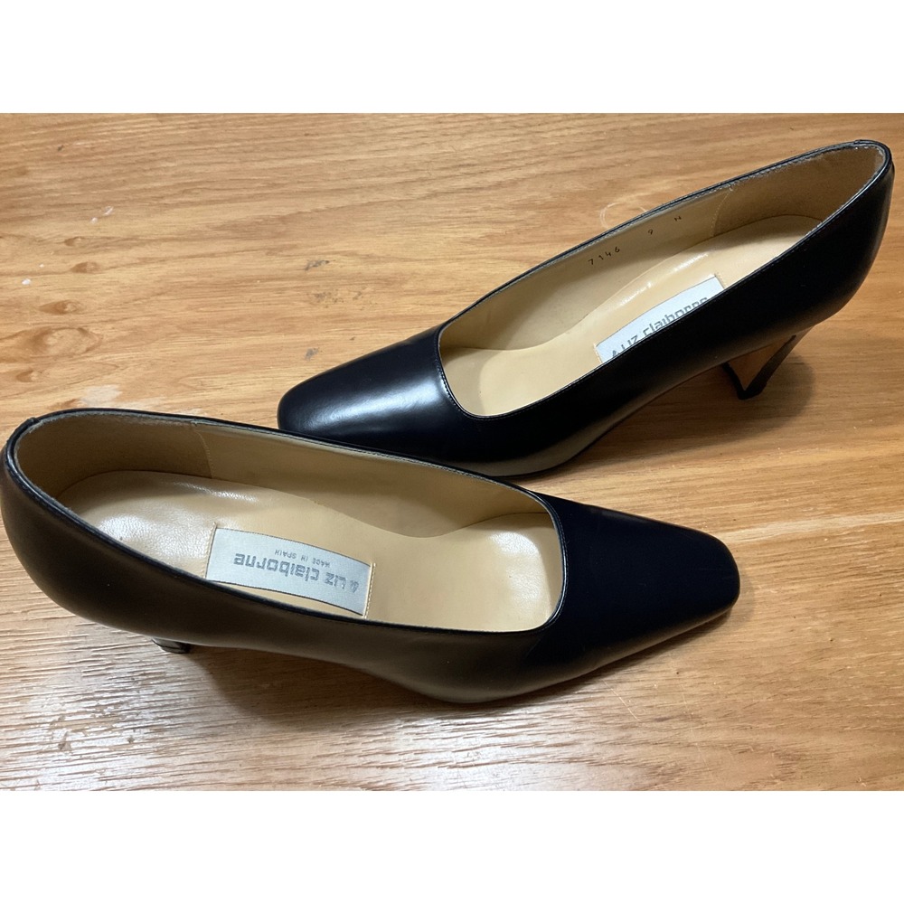 Liz Claiborne Black Leather Pumps Made in Spain Vintage Dress Shoes 9N 7146